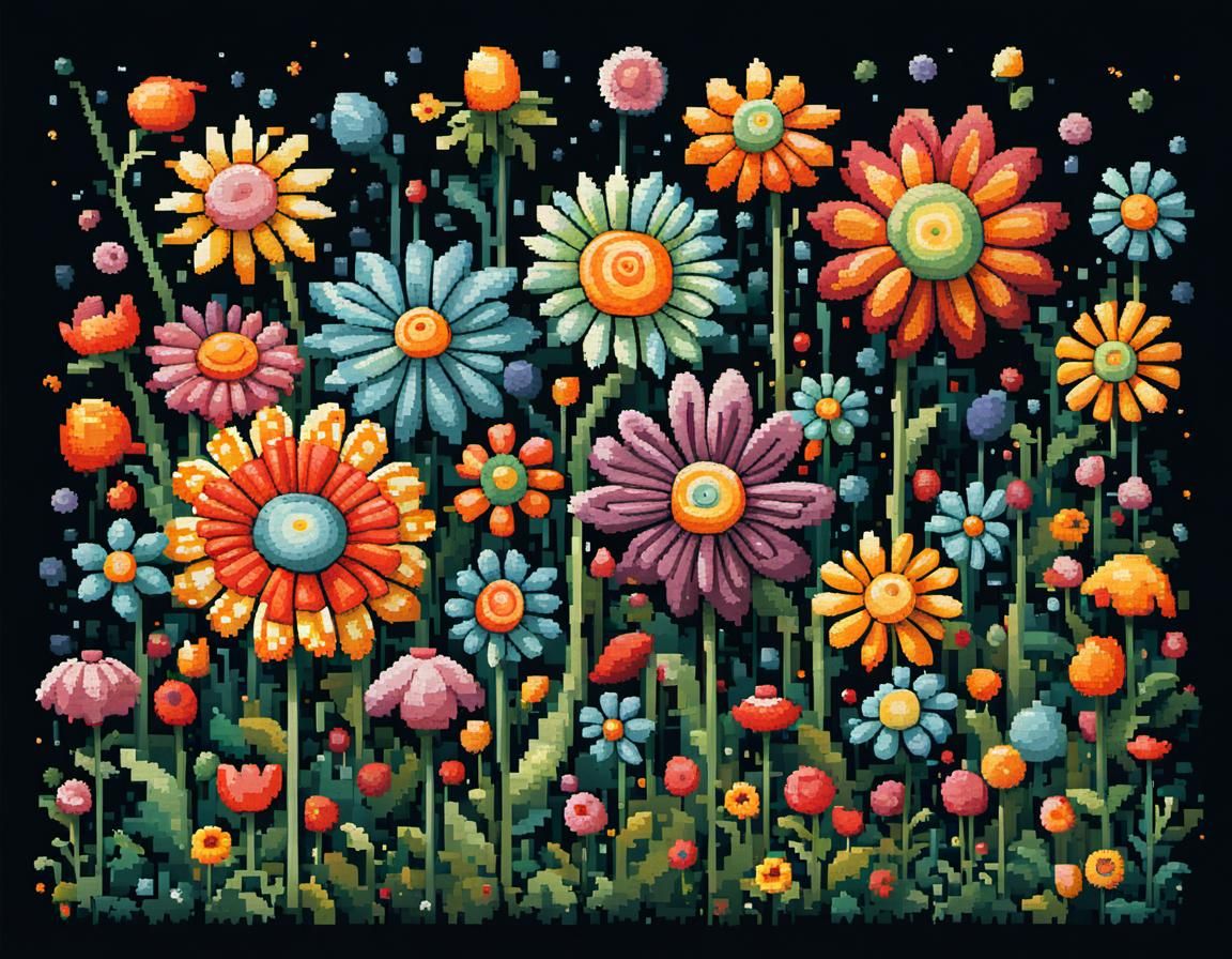 Abstract Spring Flowers in Tim Burton Pixel Art