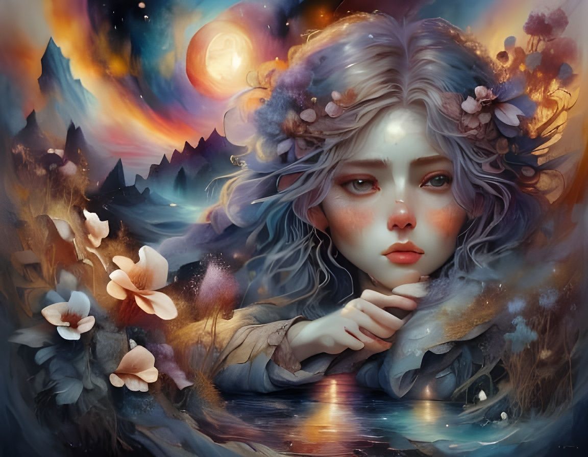 Portrait of a Person Amongst Vibrant Blooms in Soft Oil Pain...