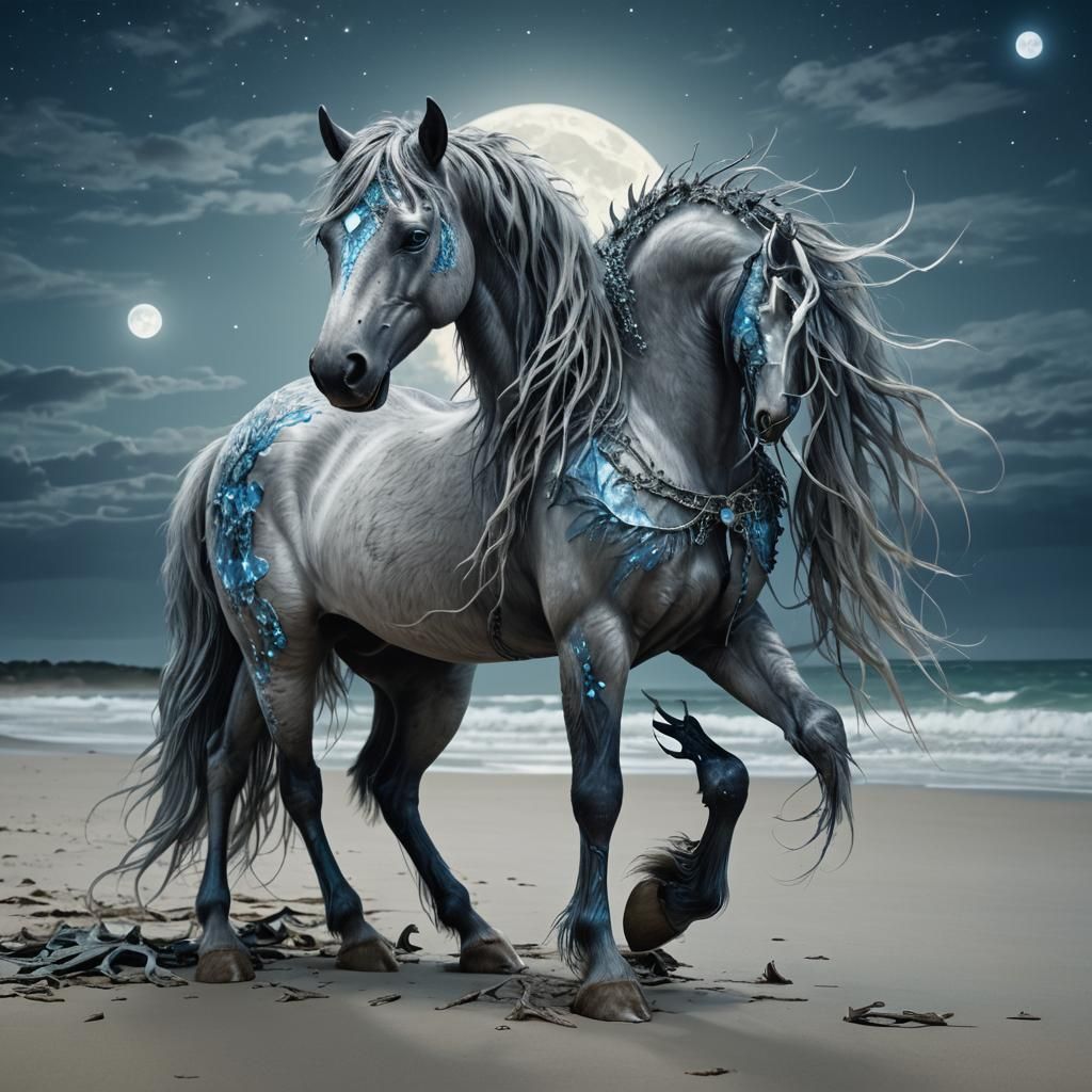 Moonlit Kelpie on Shimmering Beach in Fantastical Realism St...