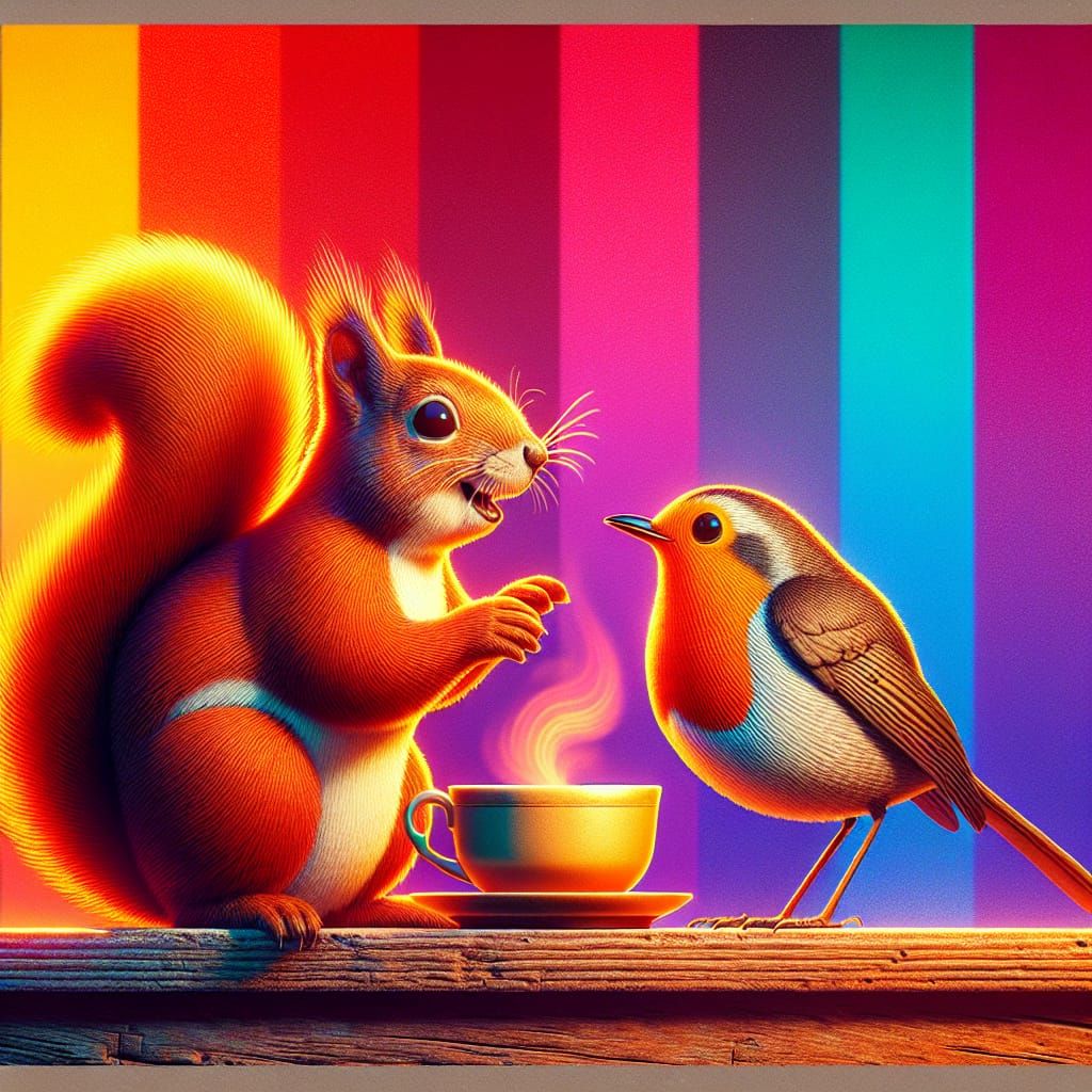 Squirrel and Robin Chat Over Tea: Early 1900s Digital Art
