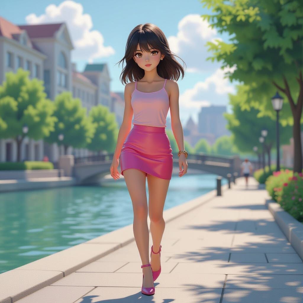 Girl in Pink Leather Skirt Walks by River in 3D Anime Style