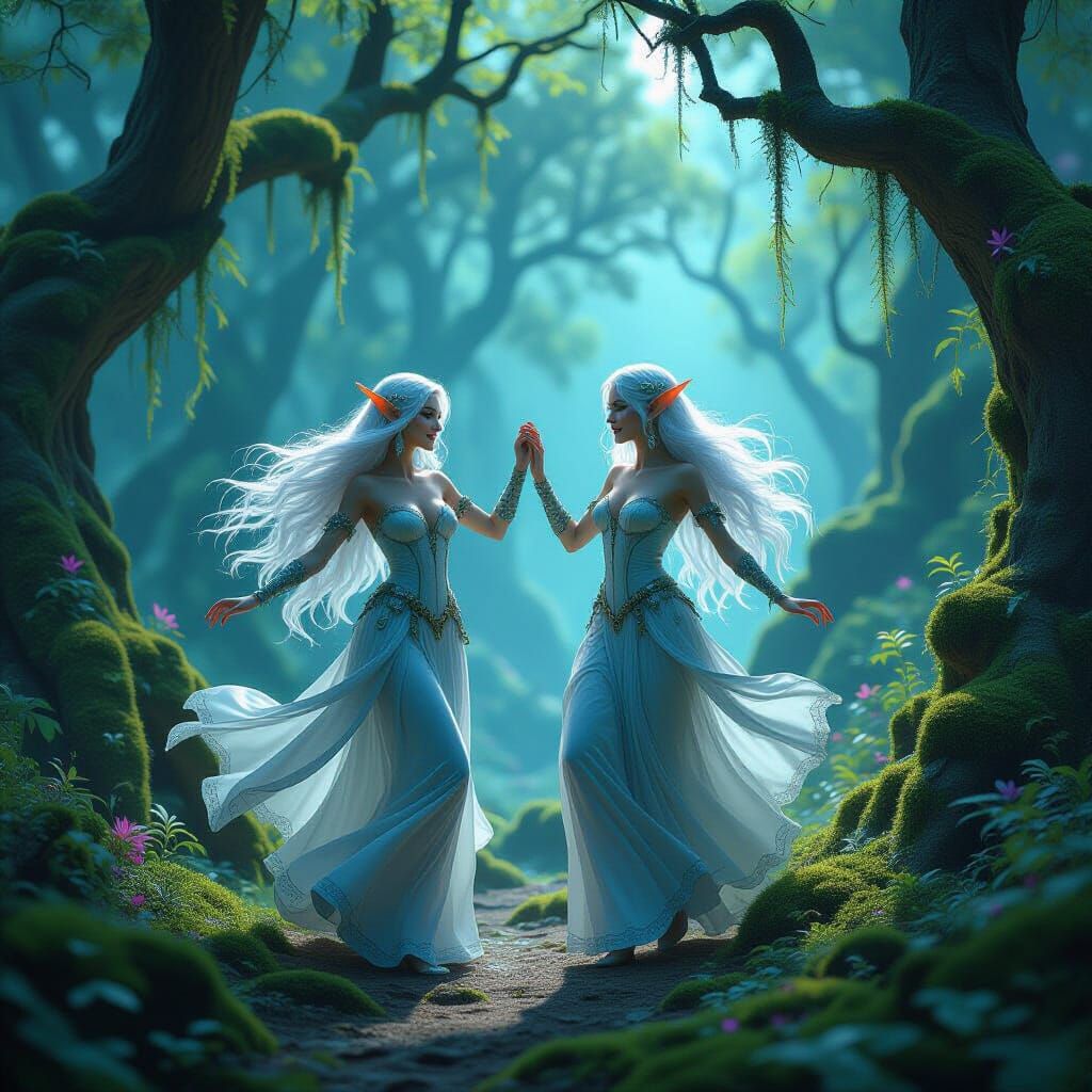 Two enchanted elves happily dance in a magical forest
