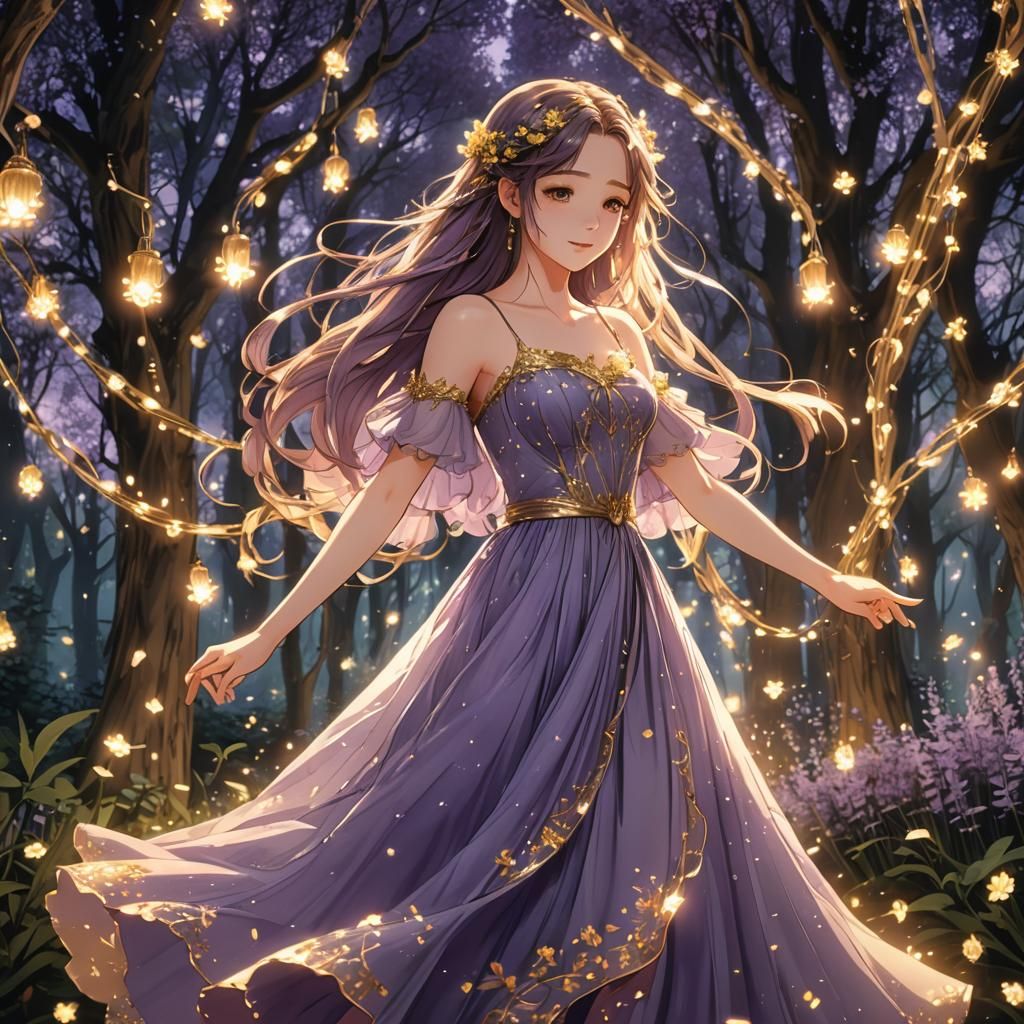 Enchanted Forest Dance: Anime-Style Girl in Gown