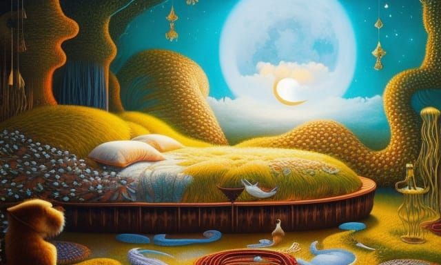 Dreamy Woman in Celestial Bed: Surreal Fairytale Art