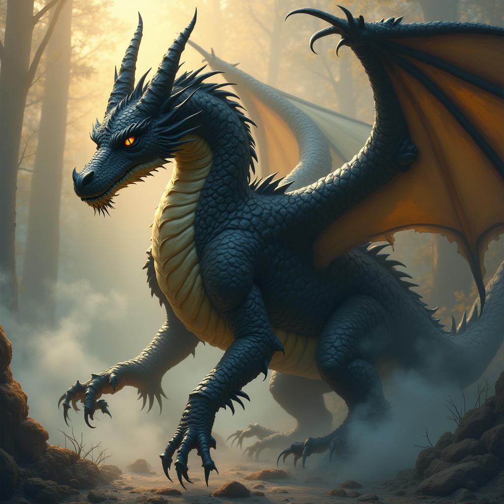 Majestic Black Dragon in Ethereal Fantasy Landscape