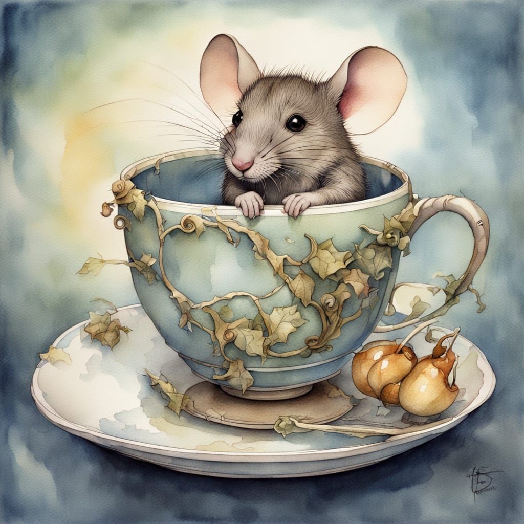 OPEN PROMPT: a mouse in a teacup, watercolor, inspired by Jean Baptiste Monge , 3d shading, surreal background