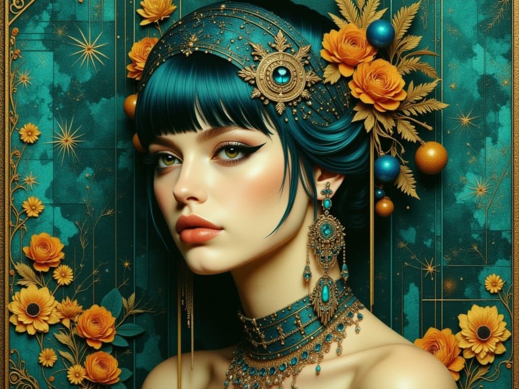 Turquoise Woman Portrait in Ornate Art Nouveau Style
