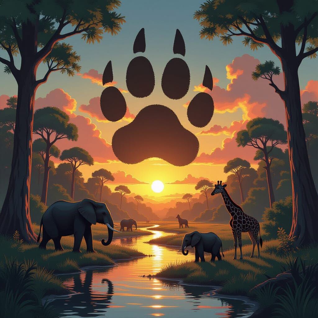 Lush Sunset Landscape Inside Giant Paw Print