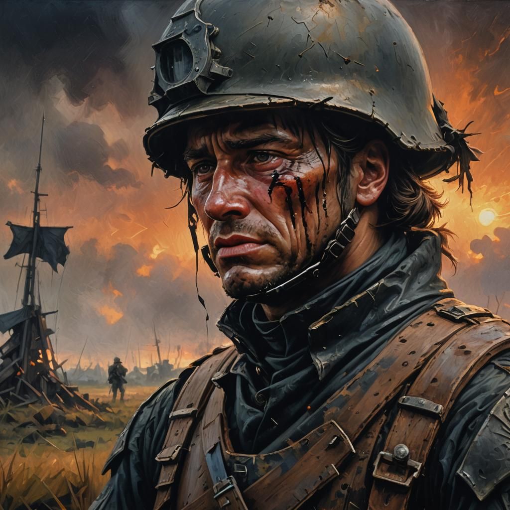 Crying Soldier in Ominous Dark Fantasy Oil Painting