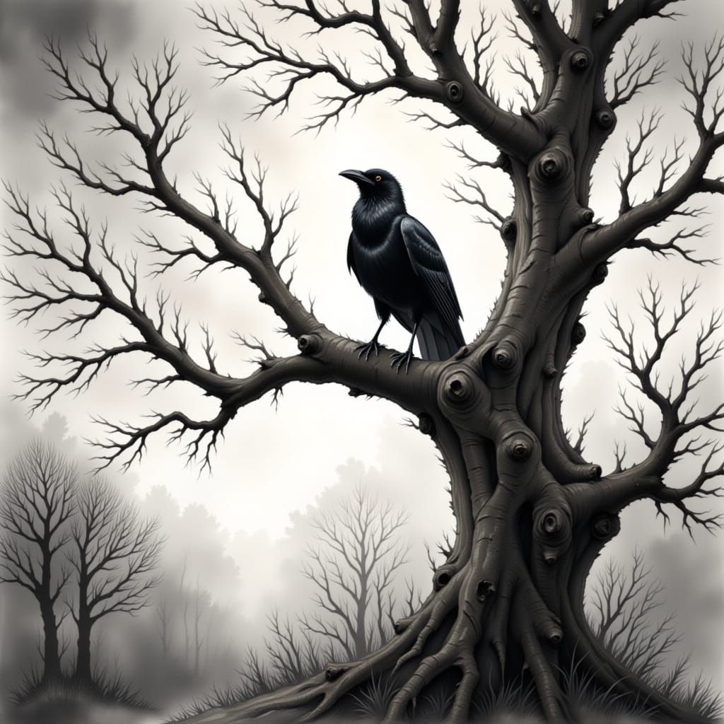 Eerie Raven in Watercolor Texture