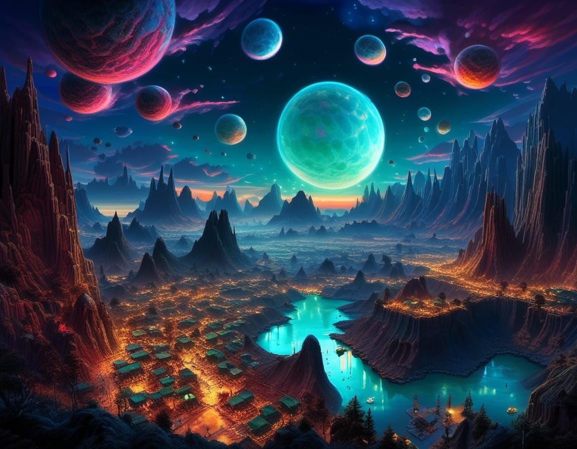 Alien Coastal Canyon Village at Night