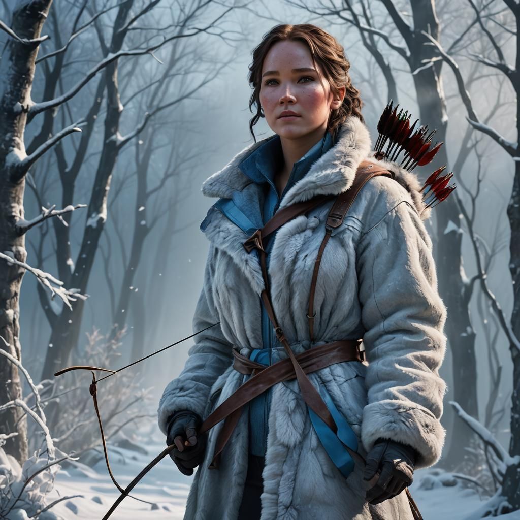 Hyper-Realistic Katniss Everdeen in Fur Coat, Pregnant and U...