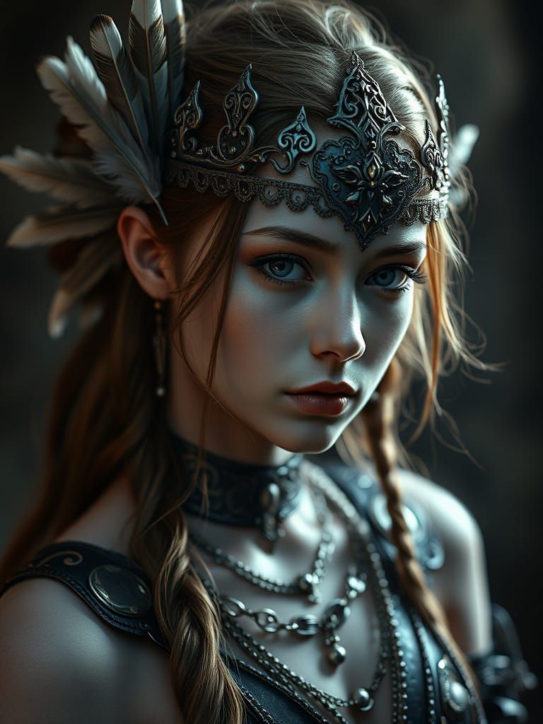 Dark Fantasy Girl with Metalwork and Feathers