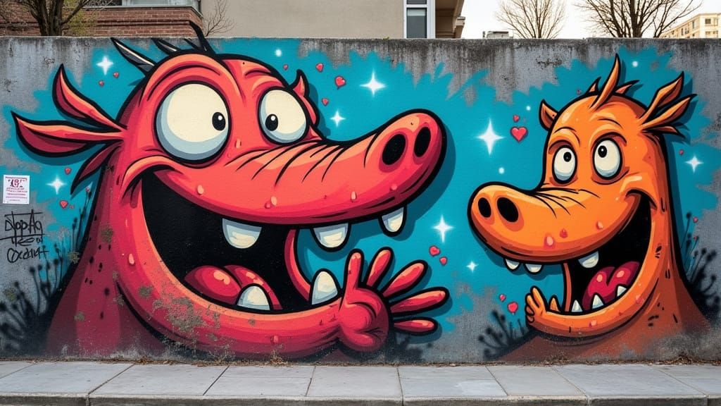 Cartoon Graffiti Mural on Urban Wall