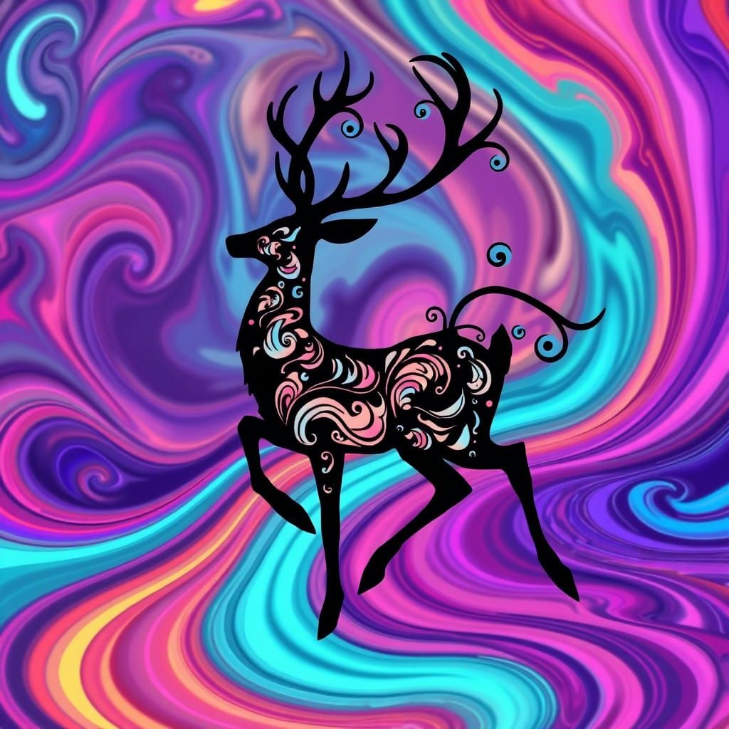 Whimsical Reindeer Silhouette in Mesmerizing Fractal Dance