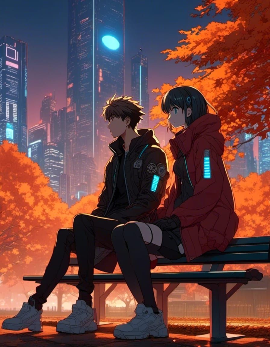 Cyberpunk Anime couple sitting on a Tokyo park bench in the Autumn, sunset, fog, red, orange, yellow & brown <lora:Gridi...