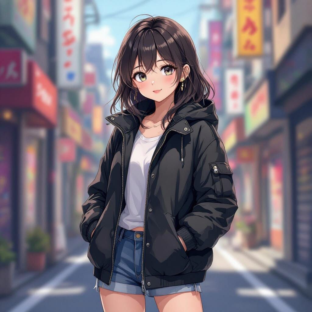 Cute Anime Girl in Tokyo Street, Anime Key Visual Style