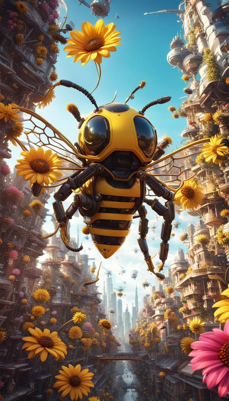 Mechanical Bee in Solar Punk Flower City