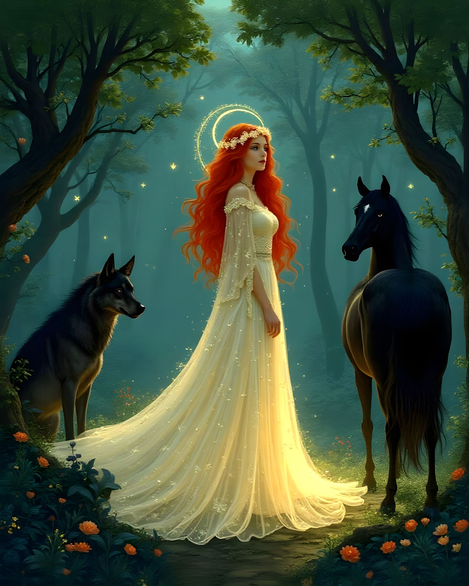 Elven Queen in Bioluminescent Grove, Art Nouveau Style