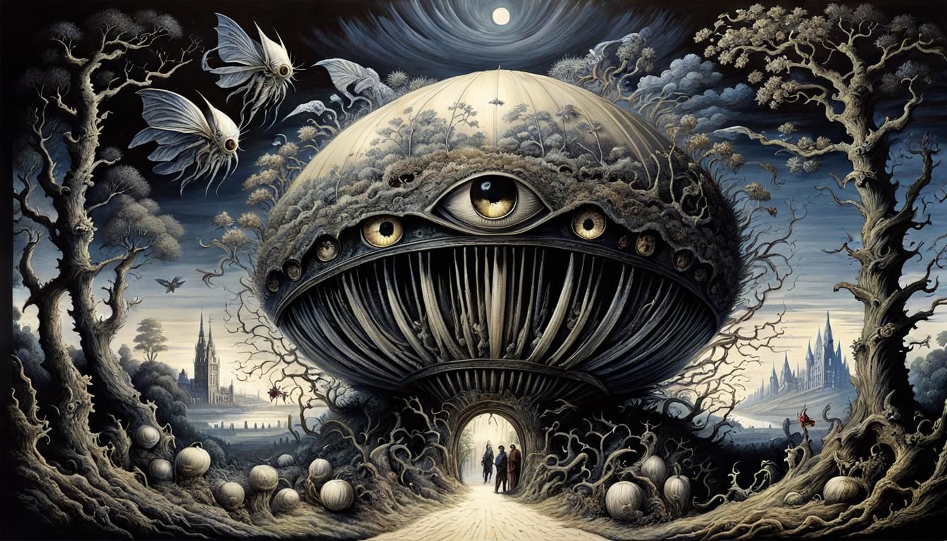 Surreal Landscape Drawing with Insectoid Creature