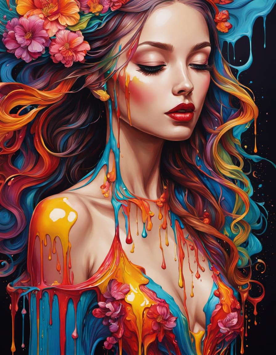 Vibrant Lady Melts in Dripping Paint Art