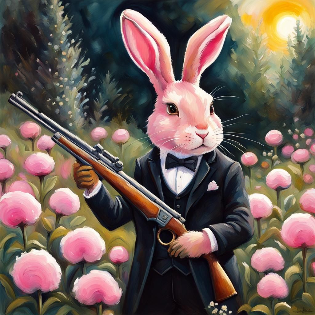 Gothic Pink Rabbit Hunter in a Flower Garden