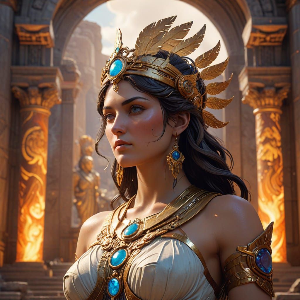 Athena Goddess of Wisdom in Front of Zeus Temple in Hyper-Re...