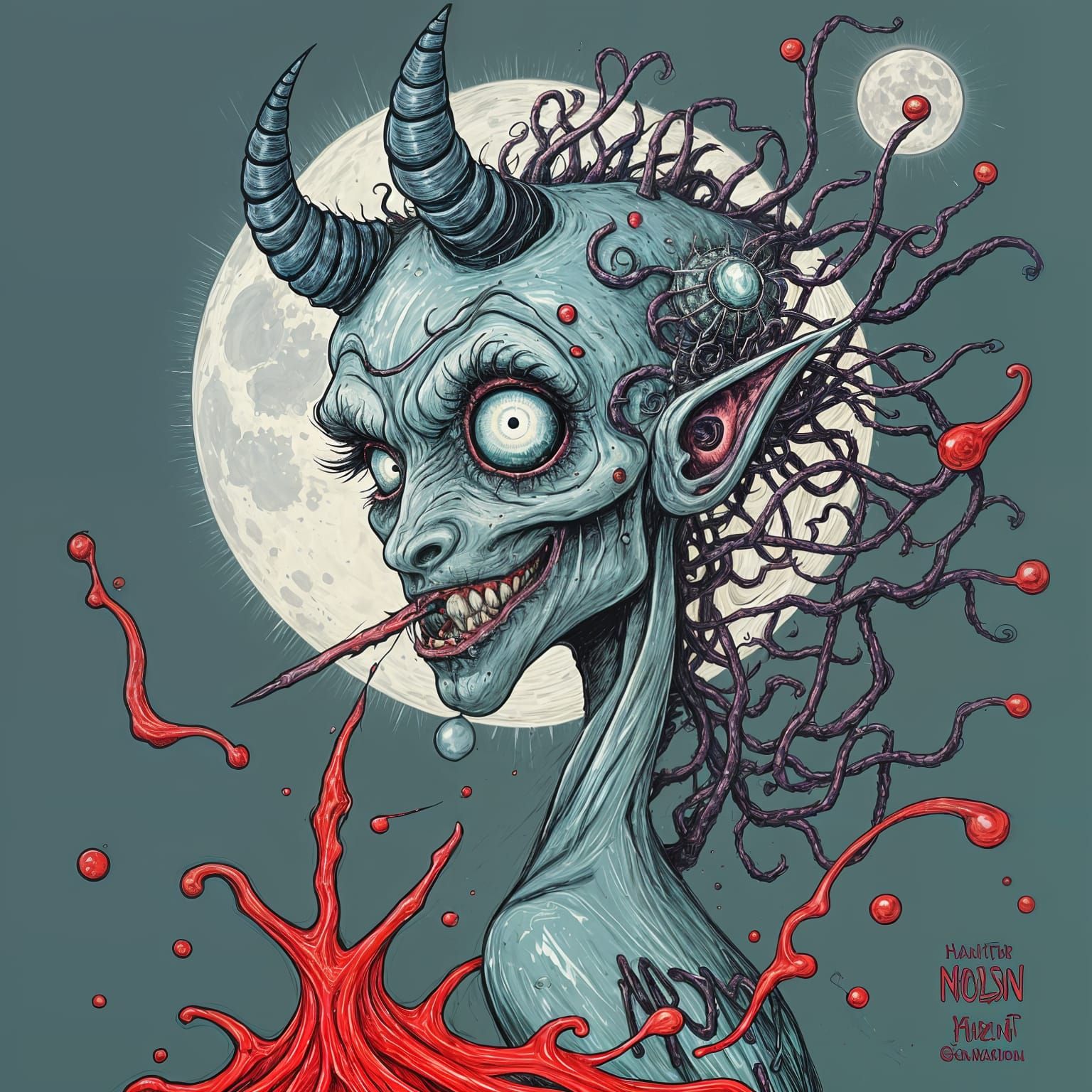 Grotesque Lunar Demoniac in Ralph Steadman Style