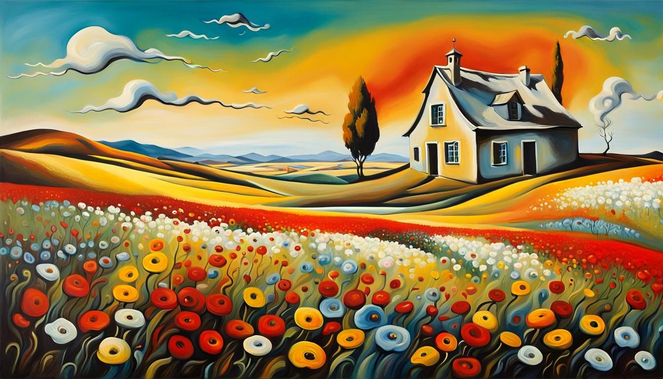 Surreal House in Flowered Field: Dali-Inspired Art