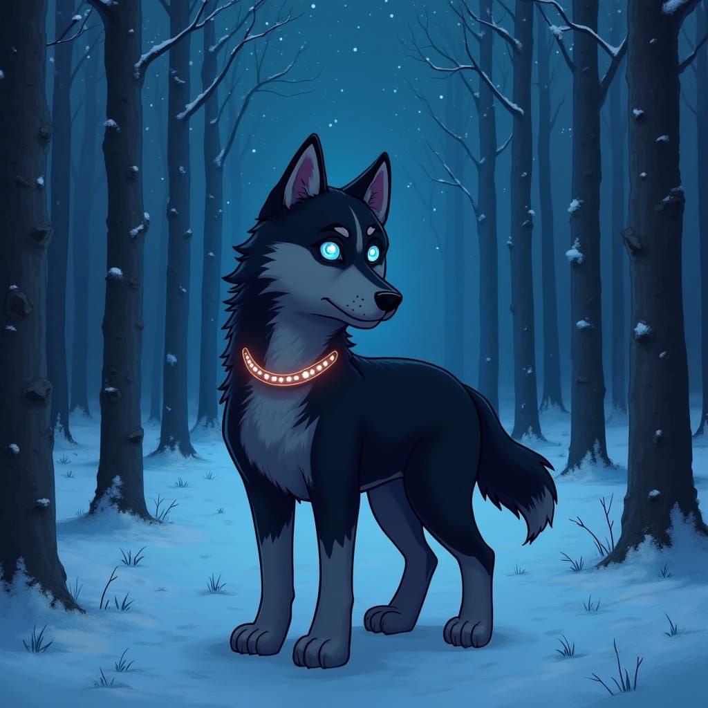 Husky in Starry Forest, Atmospheric Lighting