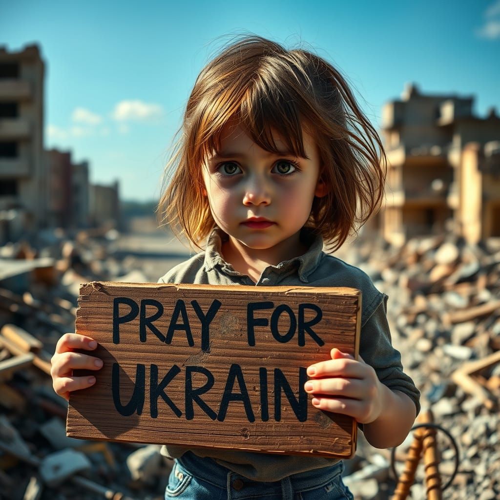 Young Refugee Girl Stands Amidst War-Torn City Ruins