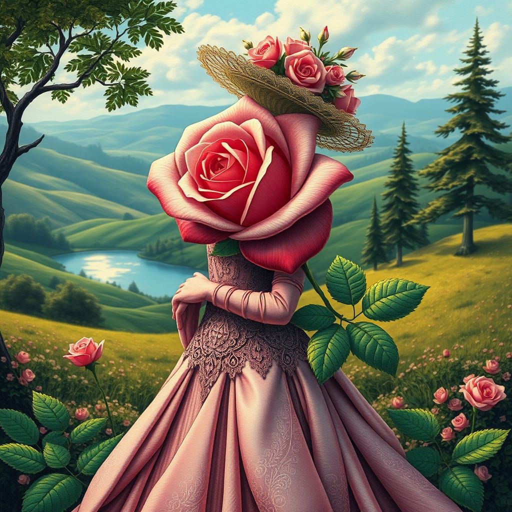Ethereal Rose in Whimsical Landscape, Ink and Digital Art