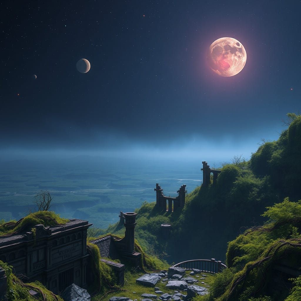 Ethereal, High-Fantasy Landscape with Ancient Ruins and Cele...