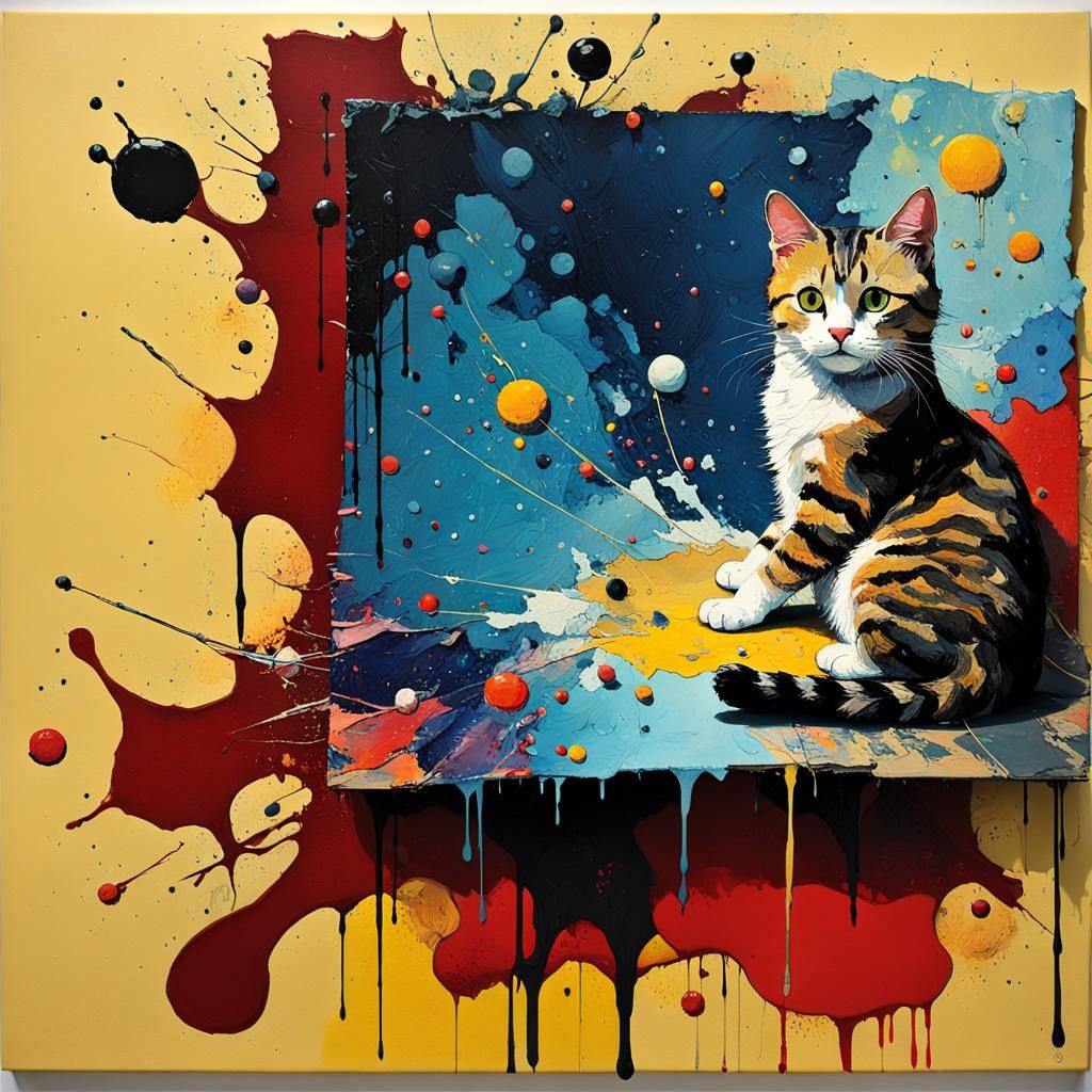 Abstract Cat with Marbling and Splatter Effects