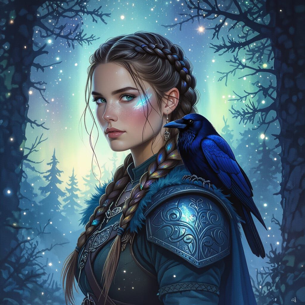 Shieldmaiden in Aurora-Lit Forest, Watercolor Style