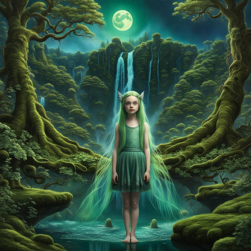 Faerie with Emerald Eyes in Fantasy Landscape