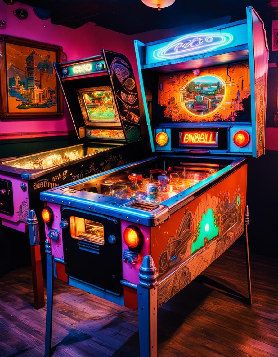 Derelict 1980s Pinball Machine in Neon Cafe