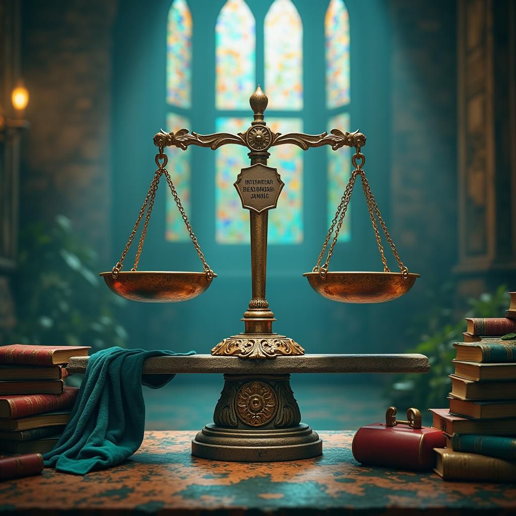 Scales of Justice in Mystical Courtroom, Digital Art