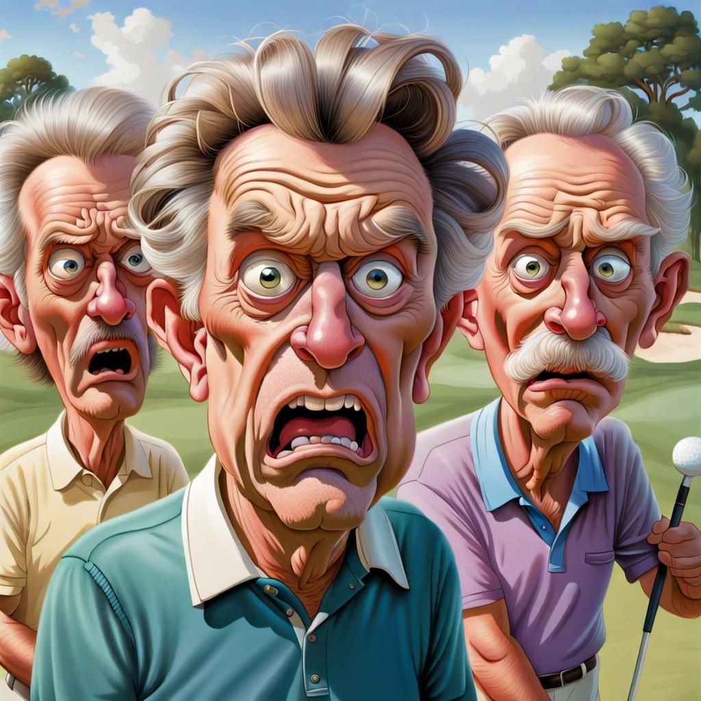 Humorous Golf Game with Suspicious Men Caricatures