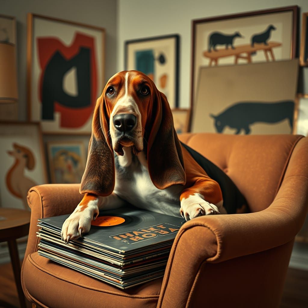 Basset Hound Lounging with Vinyl Records on Armchair