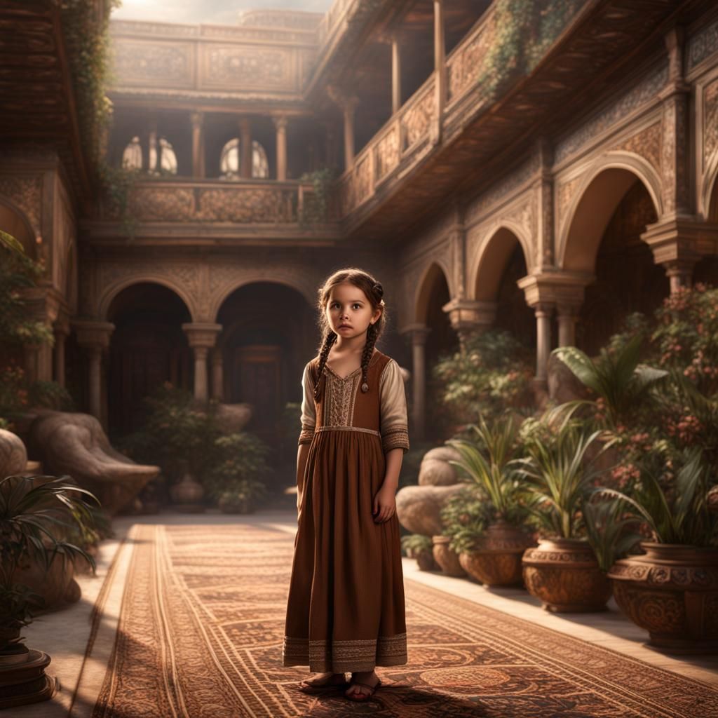 Toddler with Braid in Courtyard: Digital Matte Painting