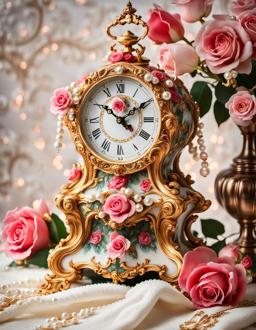 Luxury Rococo Clock with Roses and Pearls