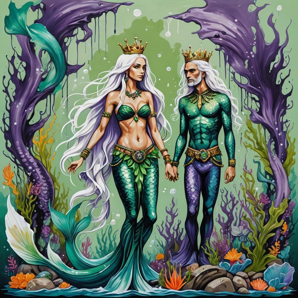 Mermaid and Merman in Graffiti Splash Art Style