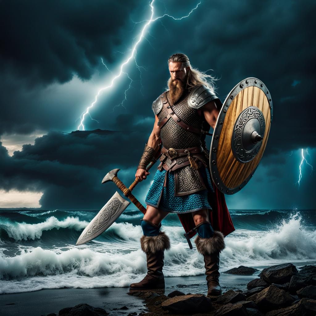 Viking Warrior on Shore in Thunderstorm