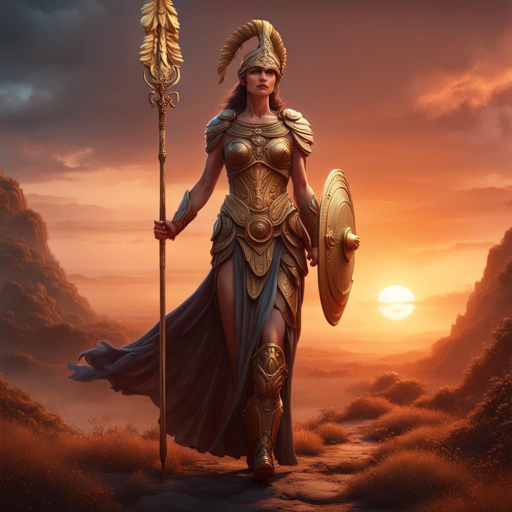 Athena Walking in Sunset: Fantasy Concept Art