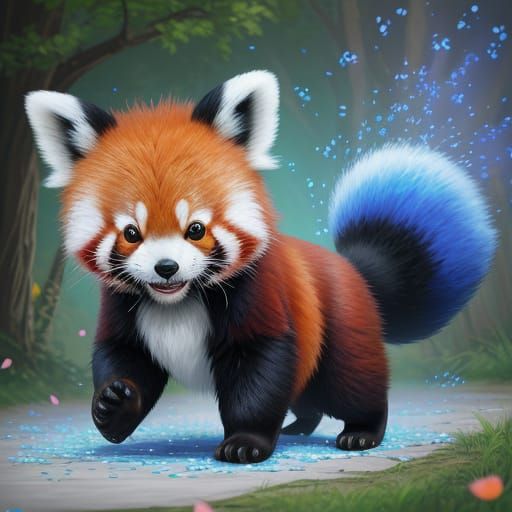 Magical Baby Red Panda Plays with Blue Butterfly in Vibrant ...