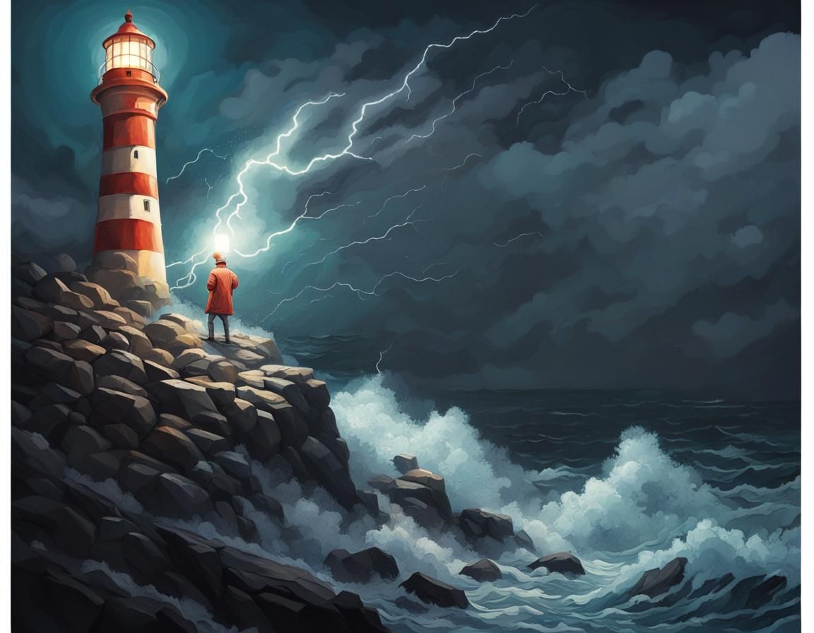 Hyperrealistic Lighthouse Illuminates Stormy Night Seascape