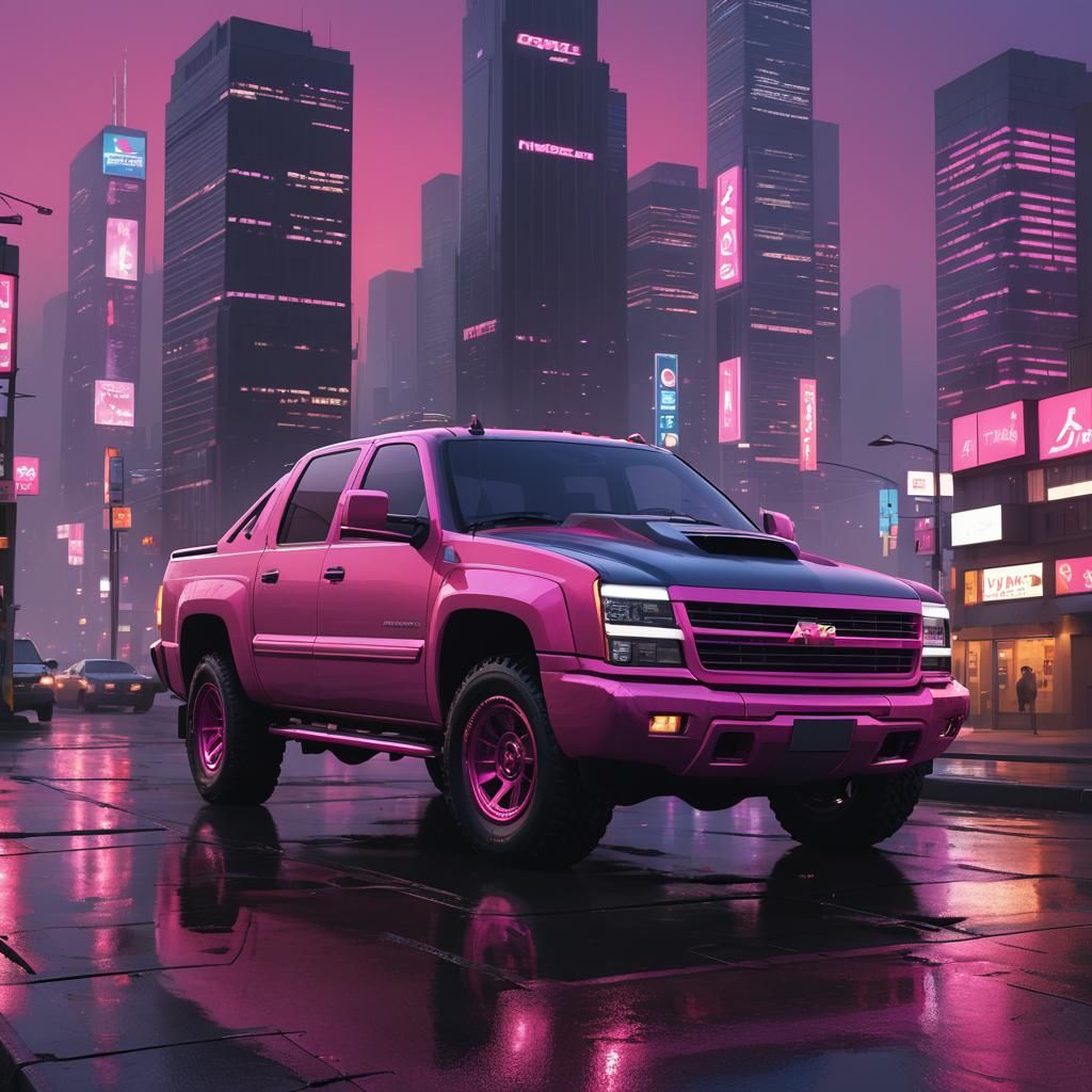 Hot Pink Car in Misty Cityscape, Matte Painting