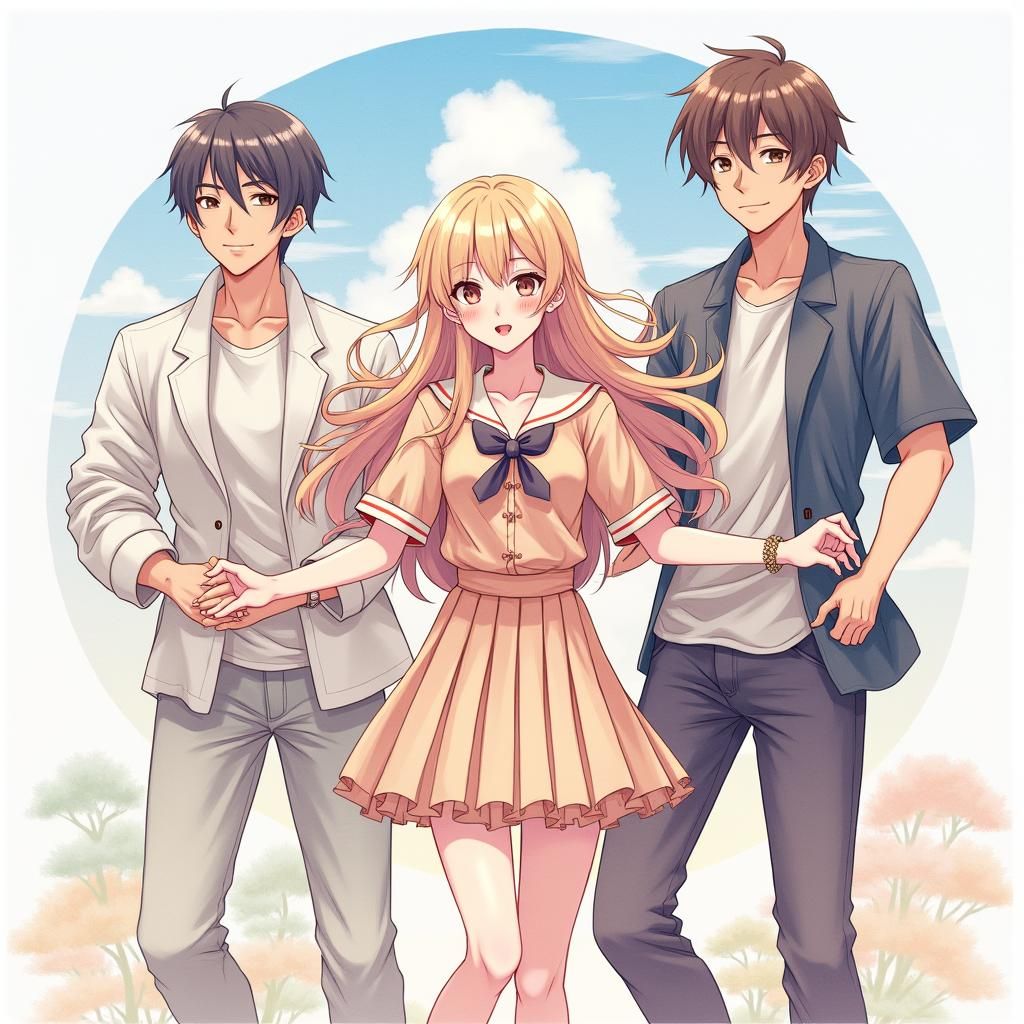 Anime Woman with Two Men in Dreamy Landscape