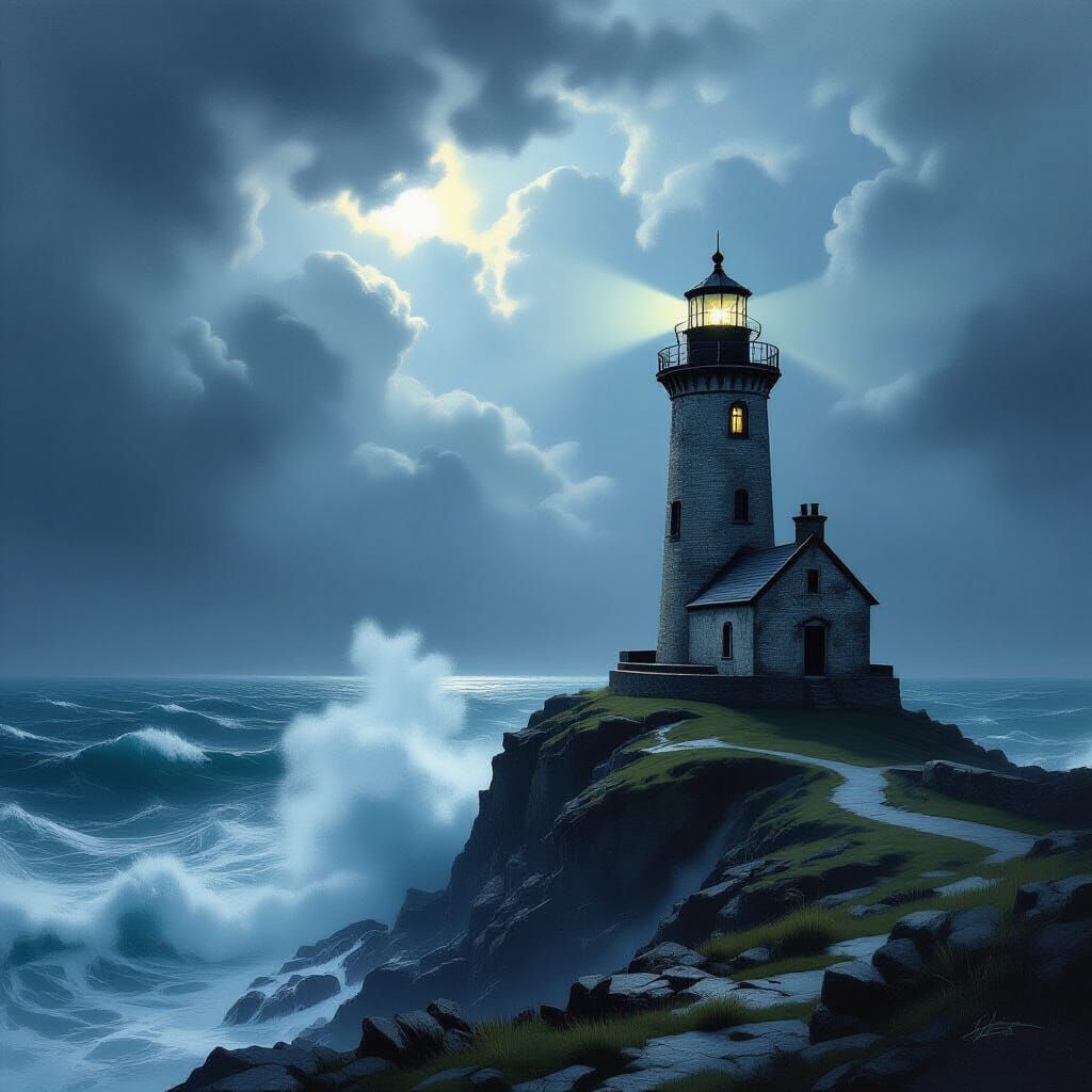 Dramatic Lighthouse in Stormy Seas